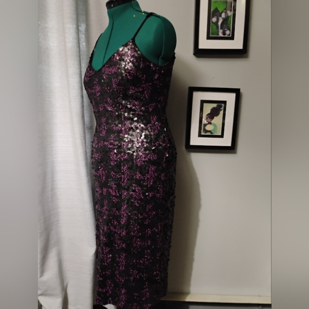 Dress The Population Nina Sequin Midi Dress, Sz XL Purple & Black - Picture 6 of 13